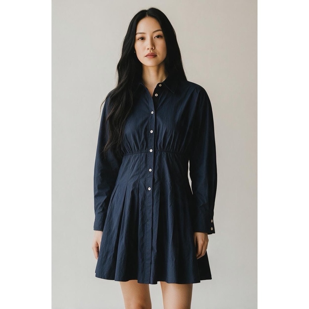 Maeve Anthropologie Navy Button Front Mini Shirt Dress M Long Sleeve Fit & Flare